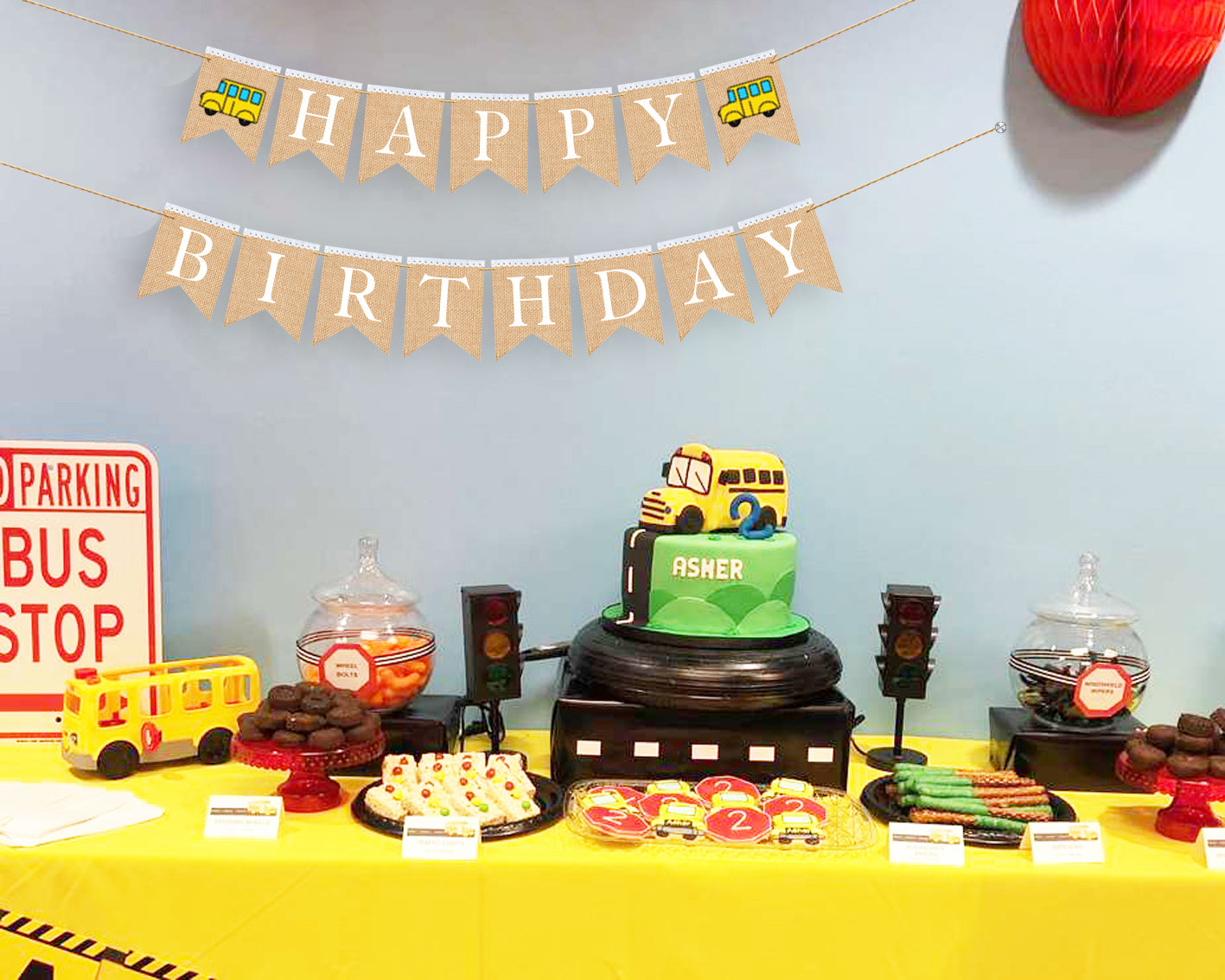 School bus happy birthday burlap banner, First birthday banner, School bus themed party.