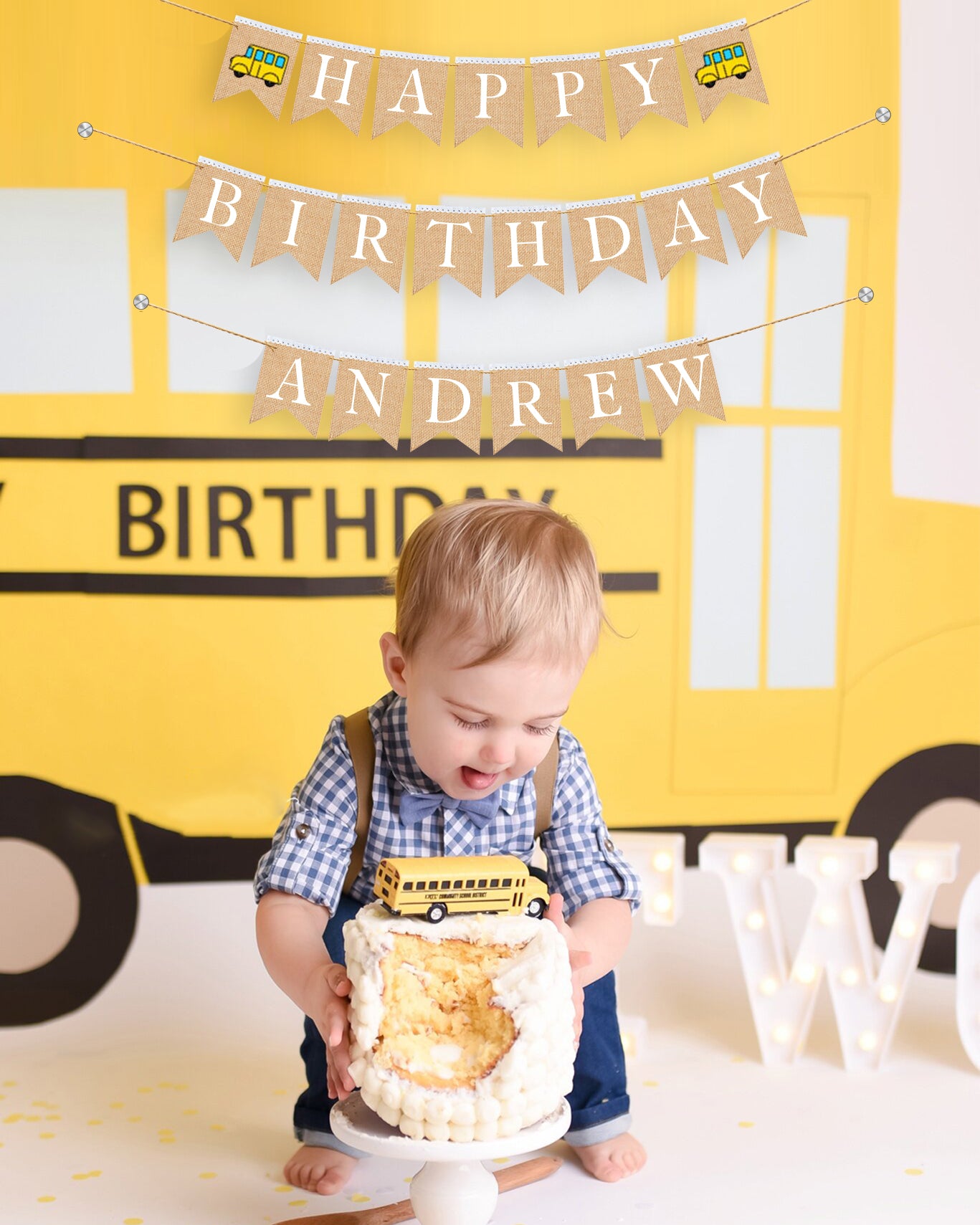 School bus Personalized Happy Birthday burlap banner, First birthday banner, School bus themed party.