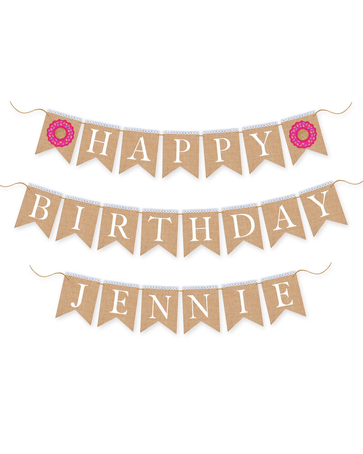 Donut Personalized Happy Birthday burlap banner, First birthday banner, Donut themed party.