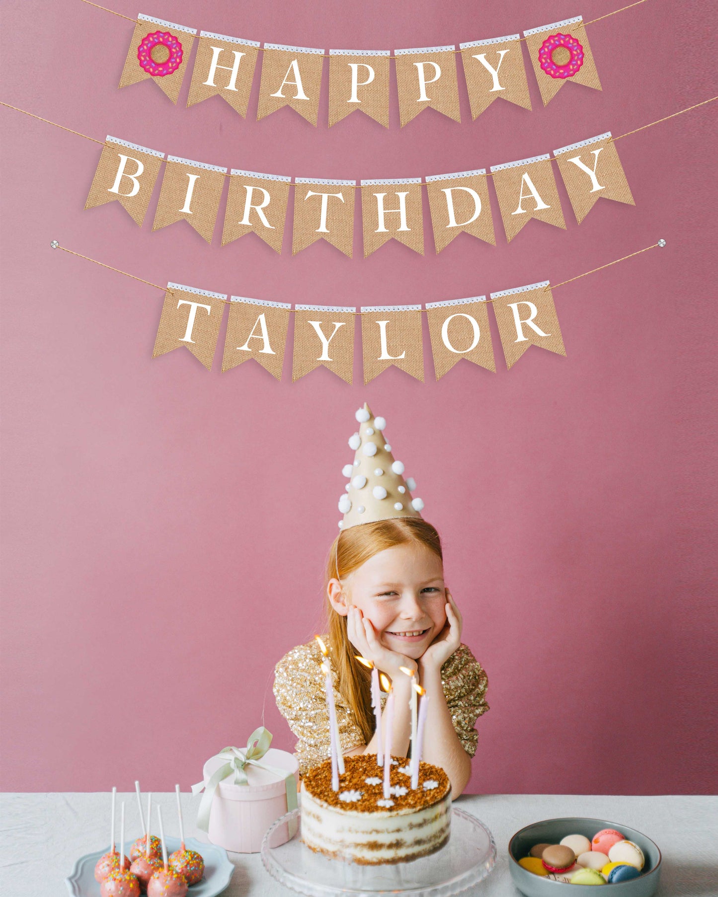 Donut Personalized Happy Birthday burlap banner, First birthday banner, Donut themed party.