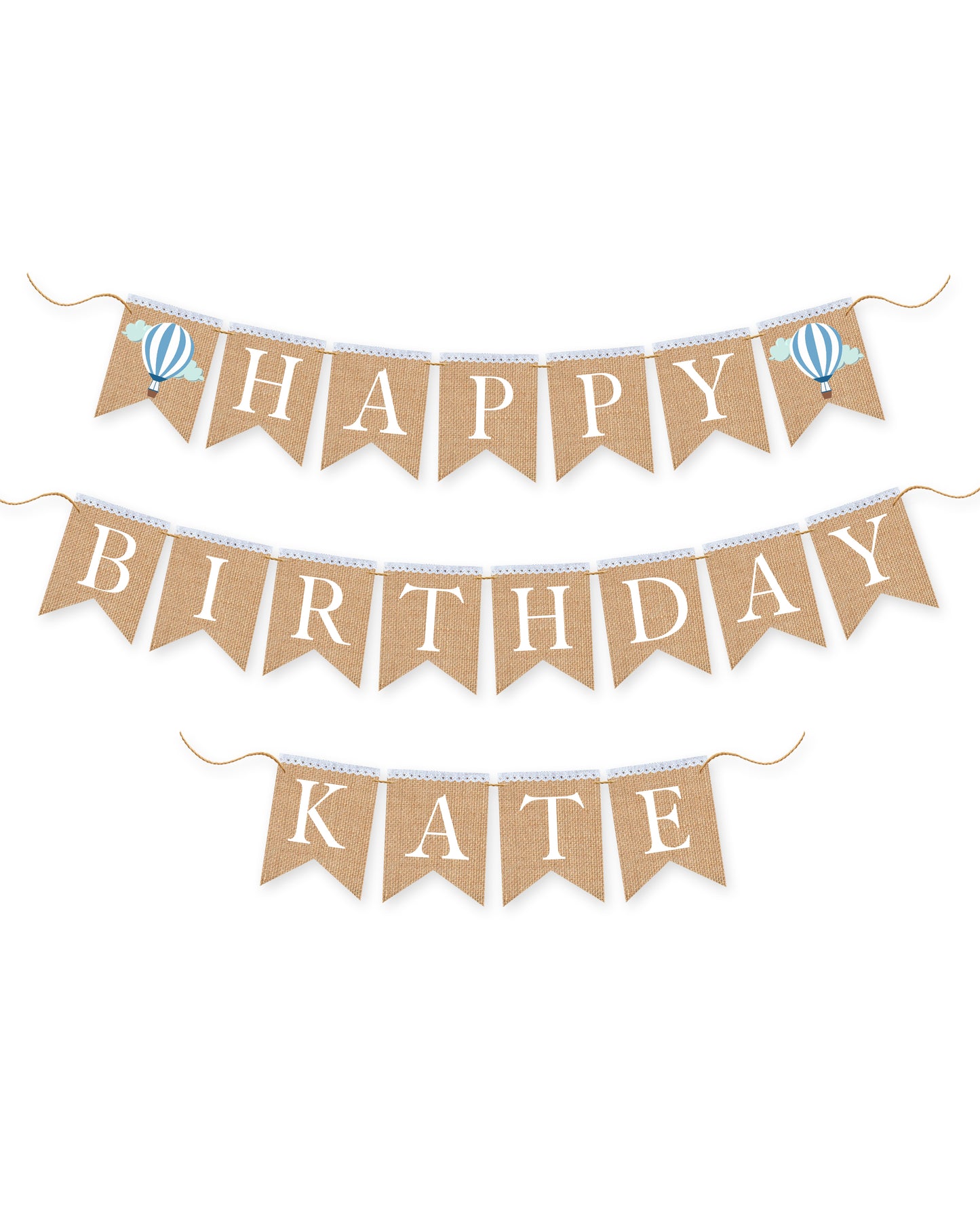 Hot Balloon Personalized Happy Birthday burlap banner, First birthday banner, Hot balloon themed party.