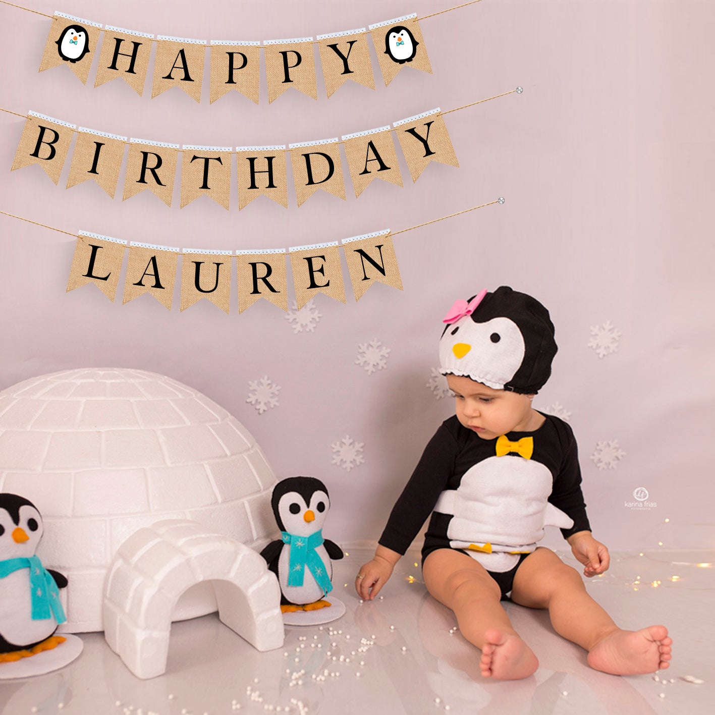 Pingu Personalized Happy Birthday burlap banner, First birthday banner, Pingu themed party.