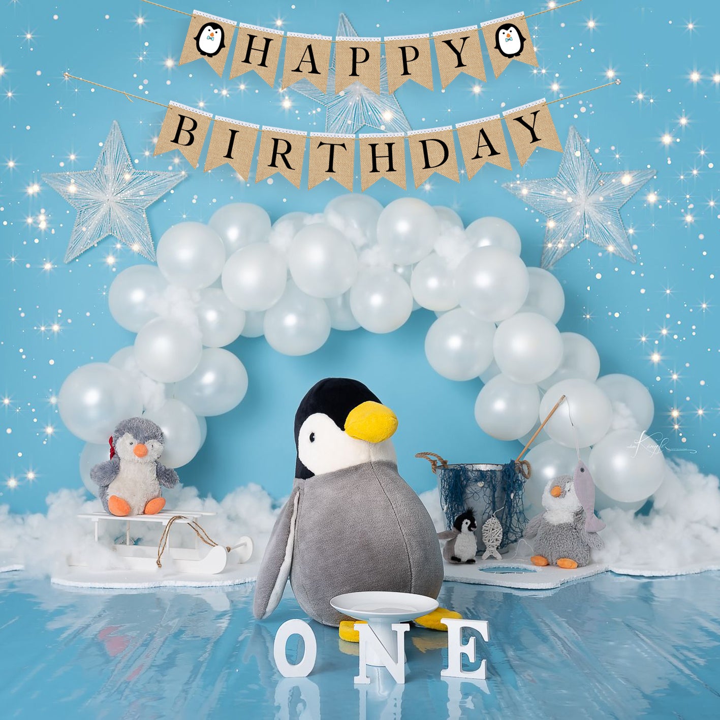 Pingu Personalized Happy Birthday burlap banner, First birthday banner, Pingu themed party.