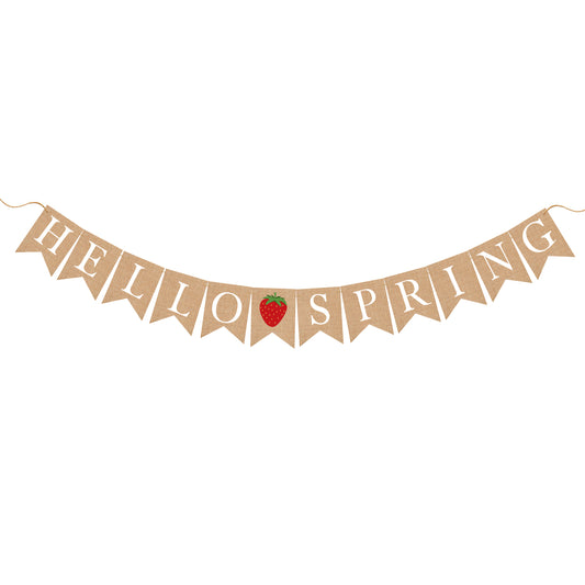 Hello Spring Banner - Strawberry Theme, Happy Spring Strawberry birthday decorations Burlap Banner, birthday garden decorations