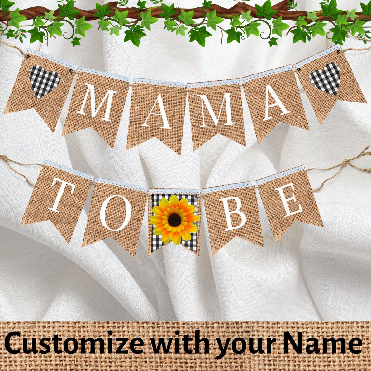 Mama to be banner, Sunflower Banner, Black and white checkered Buffalo plaid Picnic theme Baby shower Gender reveal Bunting