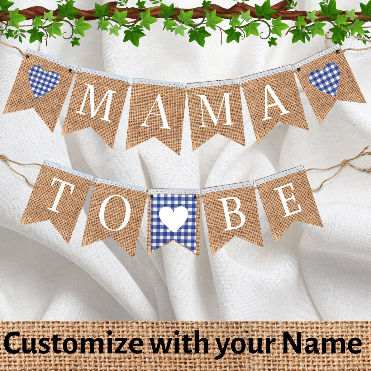 Mama to be Banner, Baby Shower Boy Bunting, Blue and White Checkered Buffalo Plaid Picnic Theme Baby Shower Gender Reveal Bunting