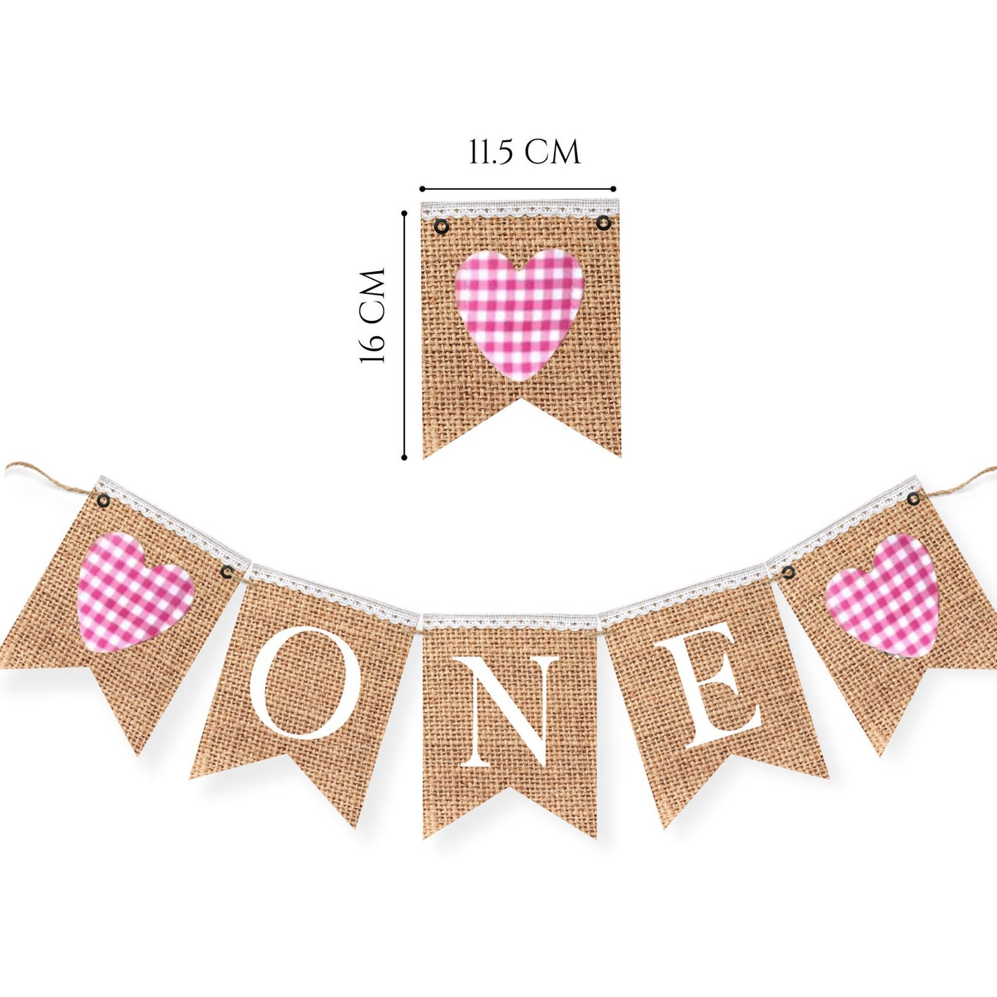 VINTAGE BURLAP BANNER "ONE" WITH HEARTS PINK