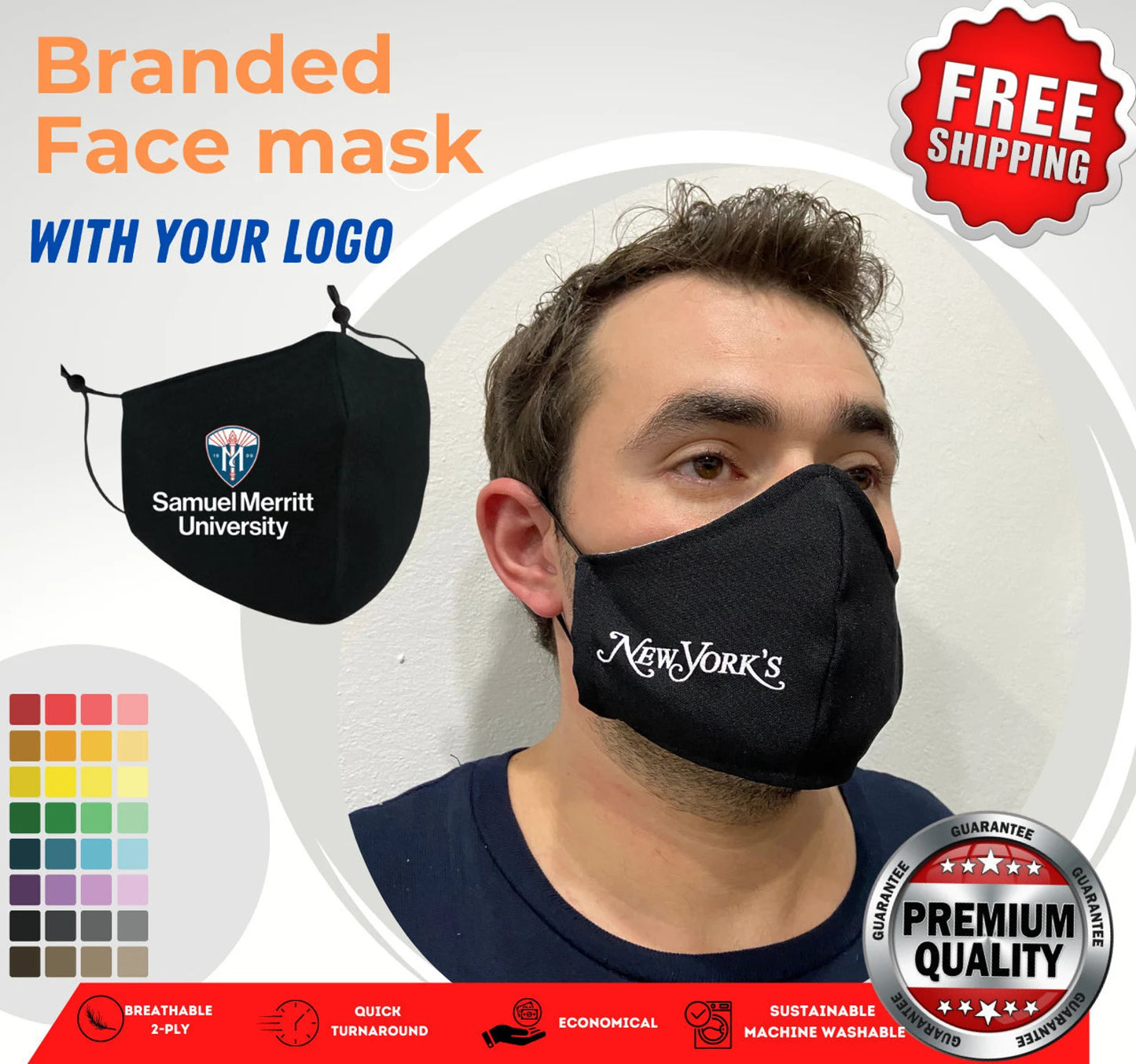 Wholesale custom logo face mask, bulk washable with adjustable straps