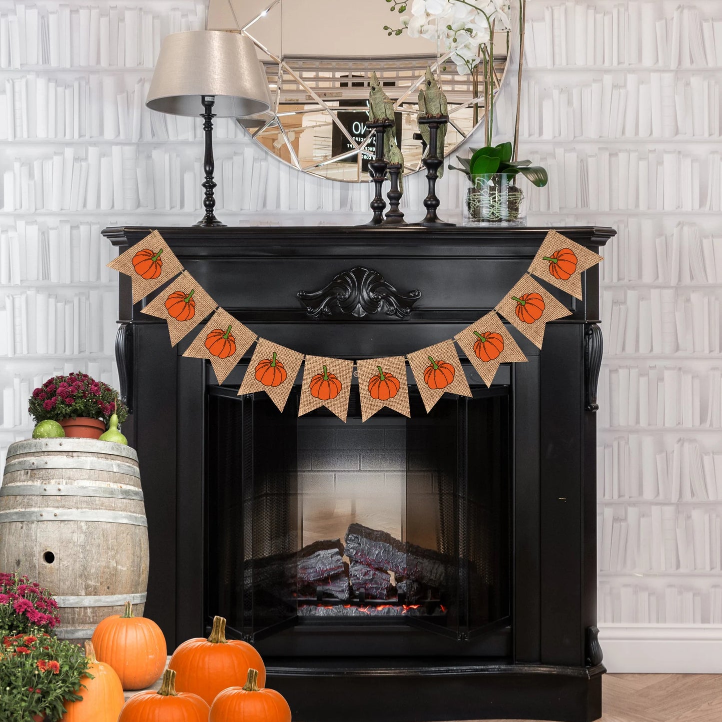 Pumpkin Garland Farmhouse for fireplace | Rustic Fall Decorations | Autumn Decor | Rustic Farmhouse Home Decor | Thanksgiving Burlap bunting