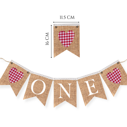 VINTAGE BURLAP BANNER "ONE" WITH HEARTS RED