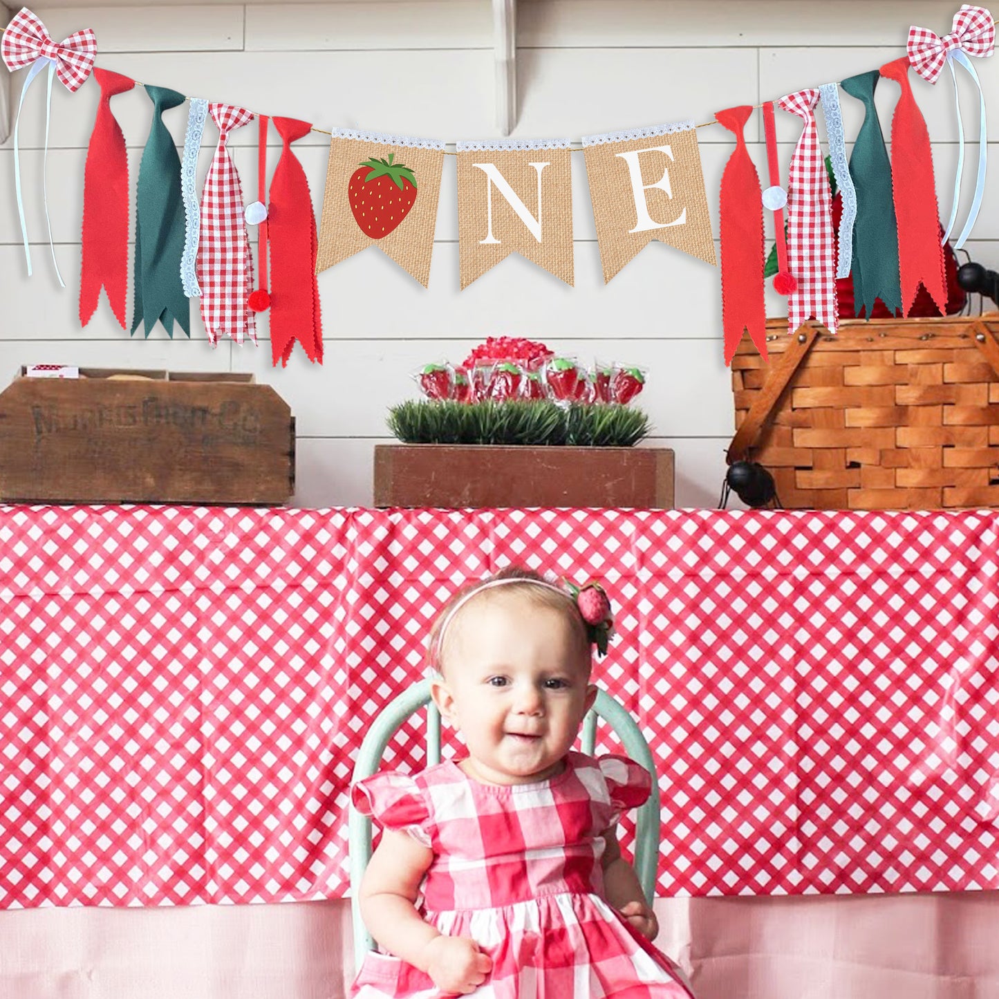 FIRST BIRTHDAY STRAWBERRY One Banner - Strawberry Theme High Chair Bunting 1st First Birthday Banner, Smash Cake Photo Prop backdrop garland