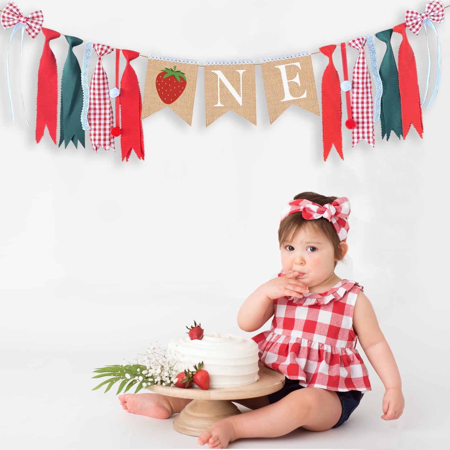 FIRST BIRTHDAY STRAWBERRY One Banner - Strawberry Theme High Chair Bunting 1st First Birthday Banner, Smash Cake Photo Prop backdrop garland